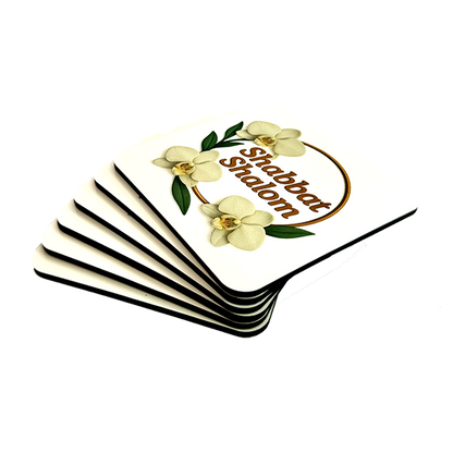 Set of 6 Cork-Backed Coasters – Orchids “Shabbat Shalom” Design – Jewish Table Decor for Shabbat or Holidays