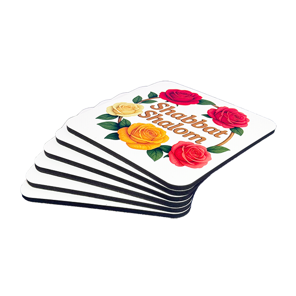 Set of 6 Cork-Backed Coasters – Roses “Shabbat Shalom” Design – Jewish Table Decor for Shabbat or Holidays