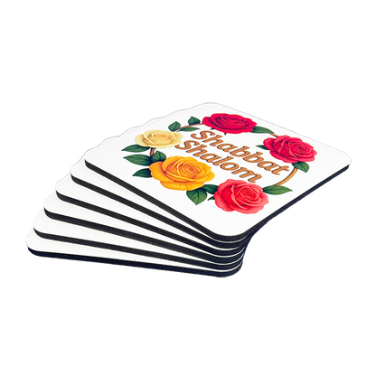 Set of 6 Cork-Backed Coasters – Roses “Shabbat Shalom” Design – Jewish Table Decor for Shabbat or Holidays