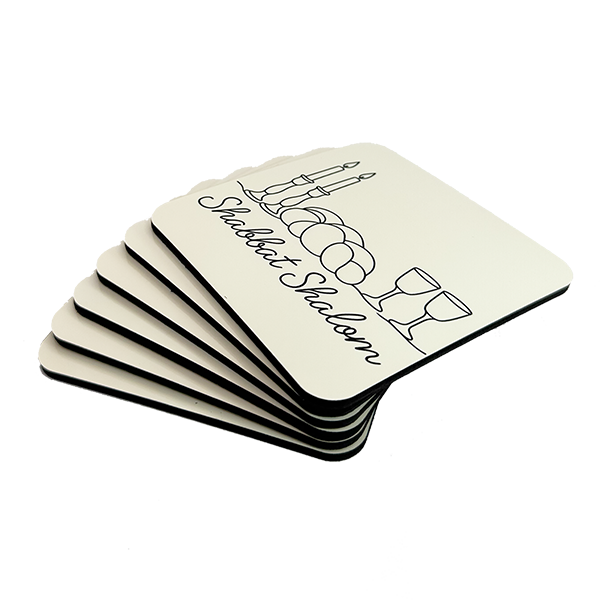 Set of 6 Cork-Backed Coasters – “Shabbat Shalom” Design – Jewish Table Decor for Shabbat or Holidays