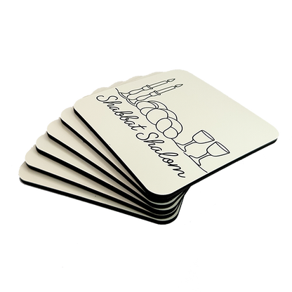 Set of 6 Cork-Backed Coasters – “Shabbat Shalom” Design – Jewish Table Decor for Shabbat or Holidays
