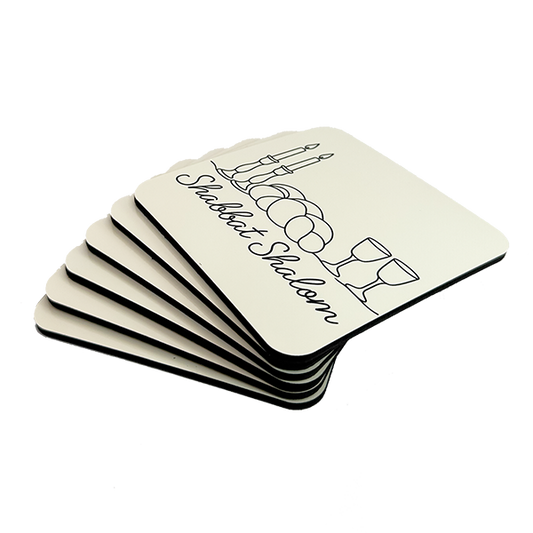 Set of 6 Cork-Backed Coasters – “Shabbat Shalom” Design – Jewish Table Decor for Shabbat or Holidays