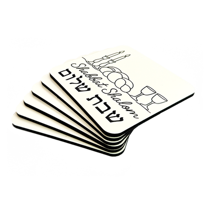 Set of 6 Cork-Backed Coasters – “Shabbat Shalom” Design – Jewish Table Decor for Shabbat or Holidays