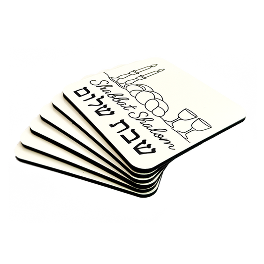 Set of 6 Cork-Backed Coasters – “Shabbat Shalom” Design – Jewish Table Decor for Shabbat or Holidays