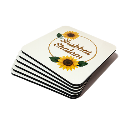 Set of 6 Cork-Backed Coasters – Sunflower “Shabbat Shalom” Design – Jewish Table Decor for Shabbat or Holidays