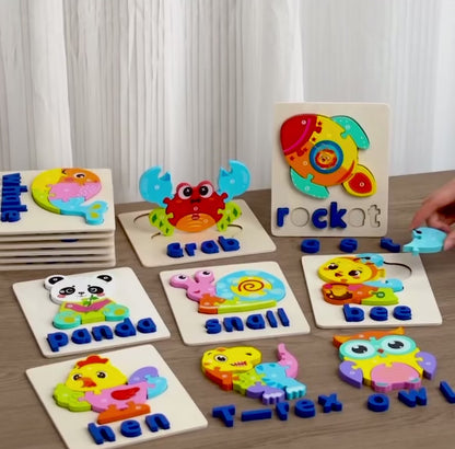 Wooden Animal Puzzle Set – 4 Interlocking Boards (Lion, Tiger, Panda & Fox) – Set C
